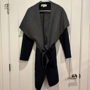 Michael Michael Kors Navy Grey Wool Blend Wrap Coat Shawl Collar Belted Medium